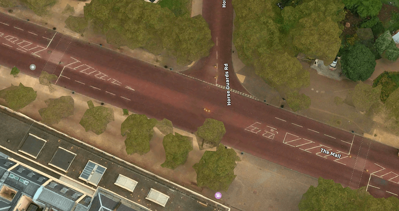 An aerial map of the junction of the Mall and Horse Guards Road.