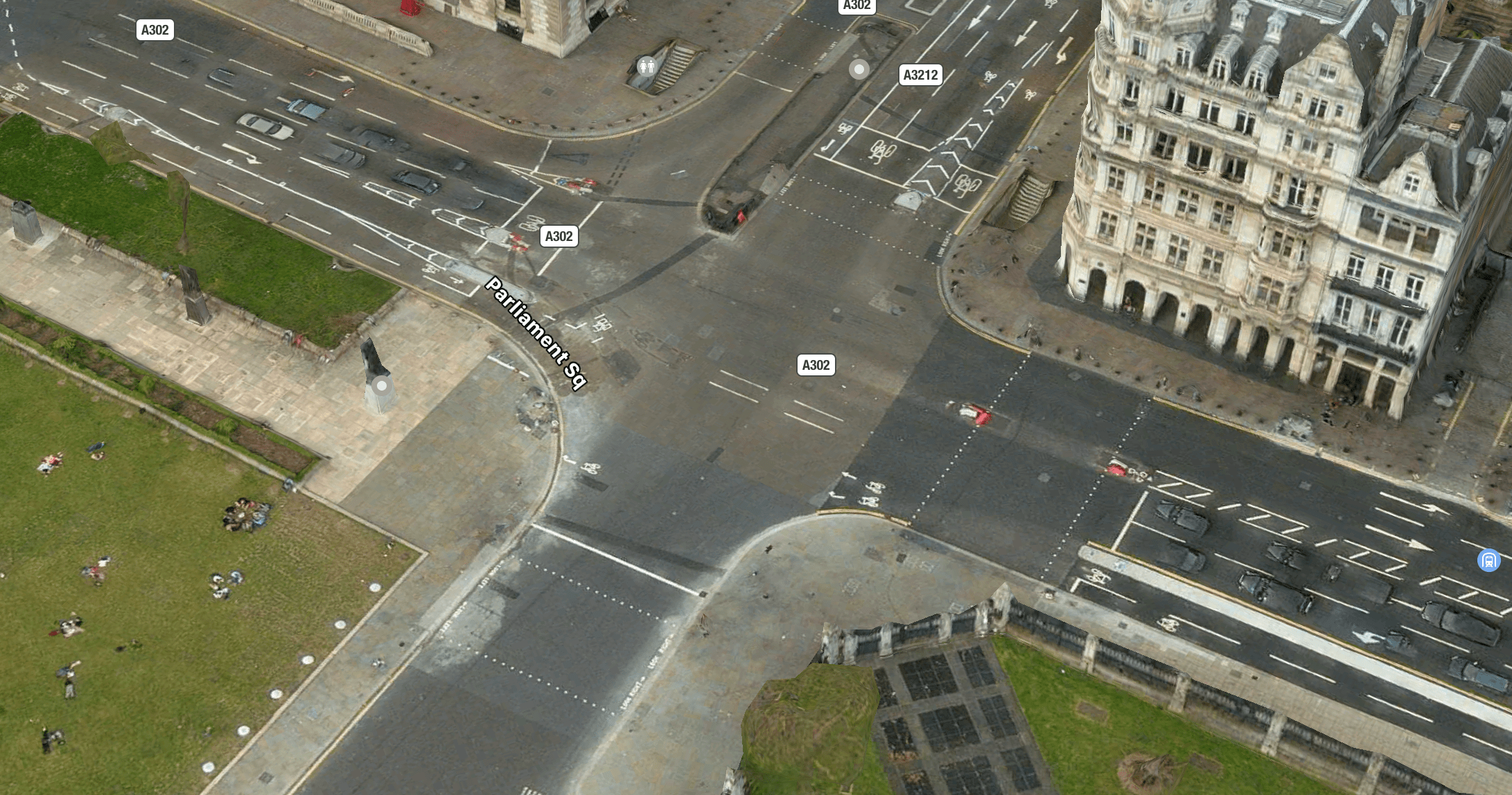 An aerial map of the junction at Parliament Square.