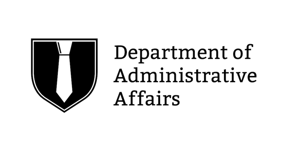 The brand identity for the Department of Administrative Affairs; a crown made of circular patterns inside a shield shape to the left, with the name of the department in a serif font to the right