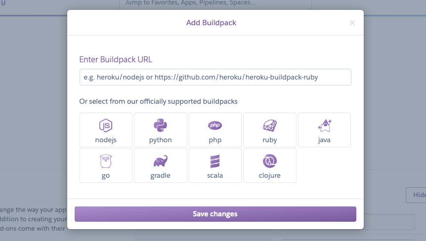The Add Build Packs screen in Heroku Dashboard