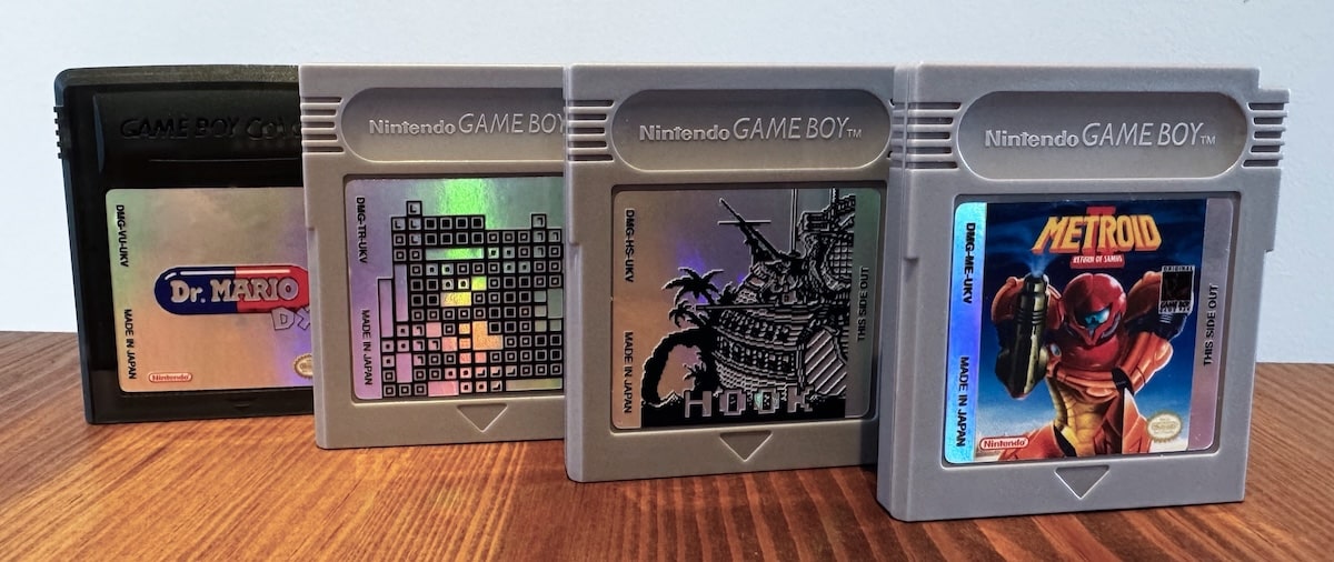 Dr Mario, Tetris, Hook and Metroid II: Return of Samus cartridges.