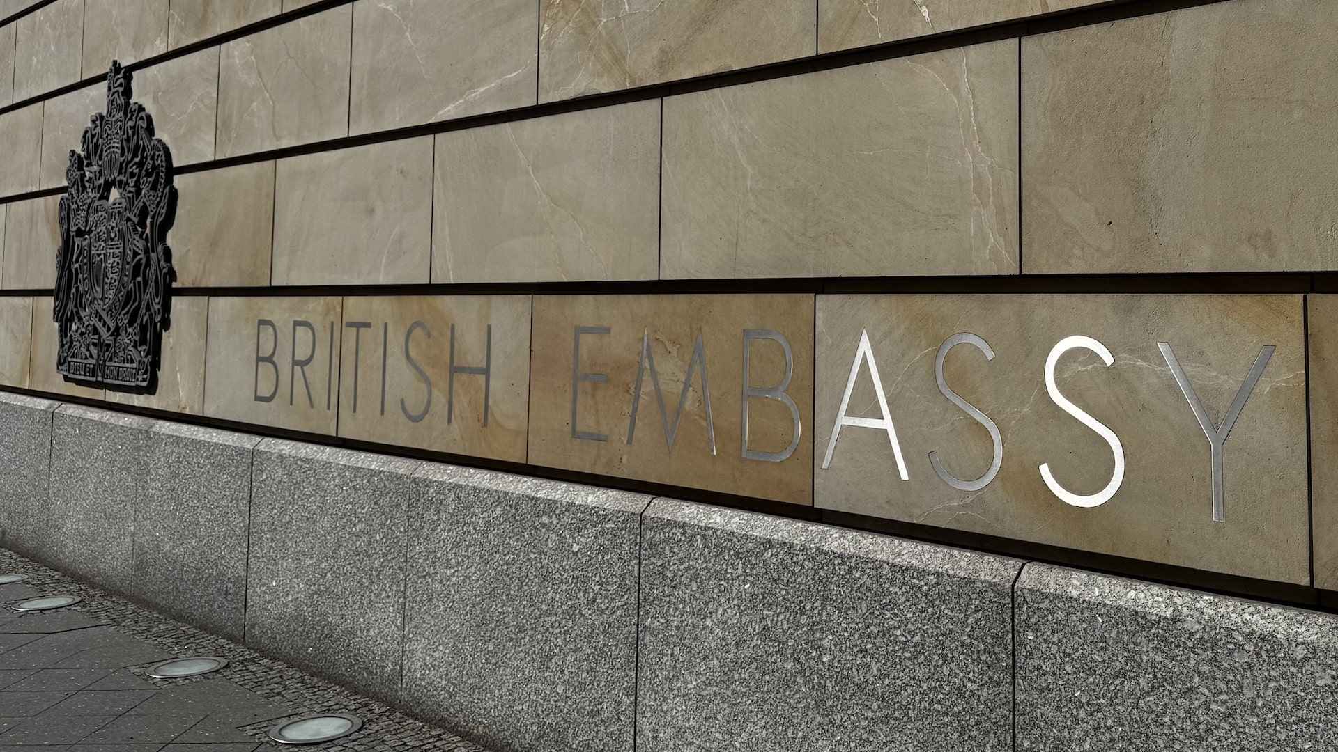The UK Government crest and words “British Embassy” on the walls of the British Embassy!