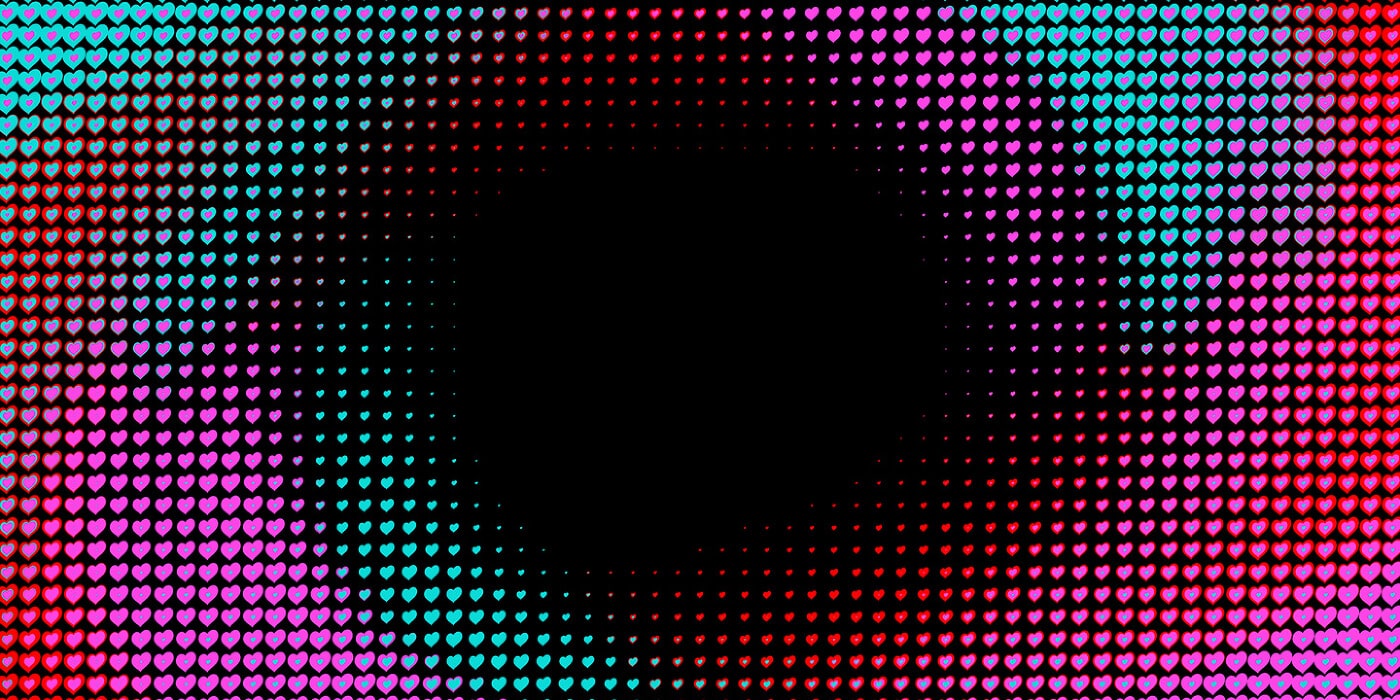 A spiral of multi-coloured hearts.