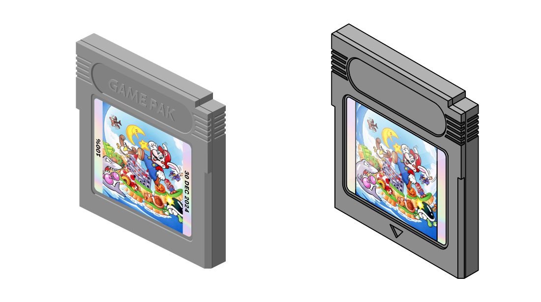 Left: an isometric projection of a Game Pak. Right: a revised version, with greater use of thick black borders at the object's edges.