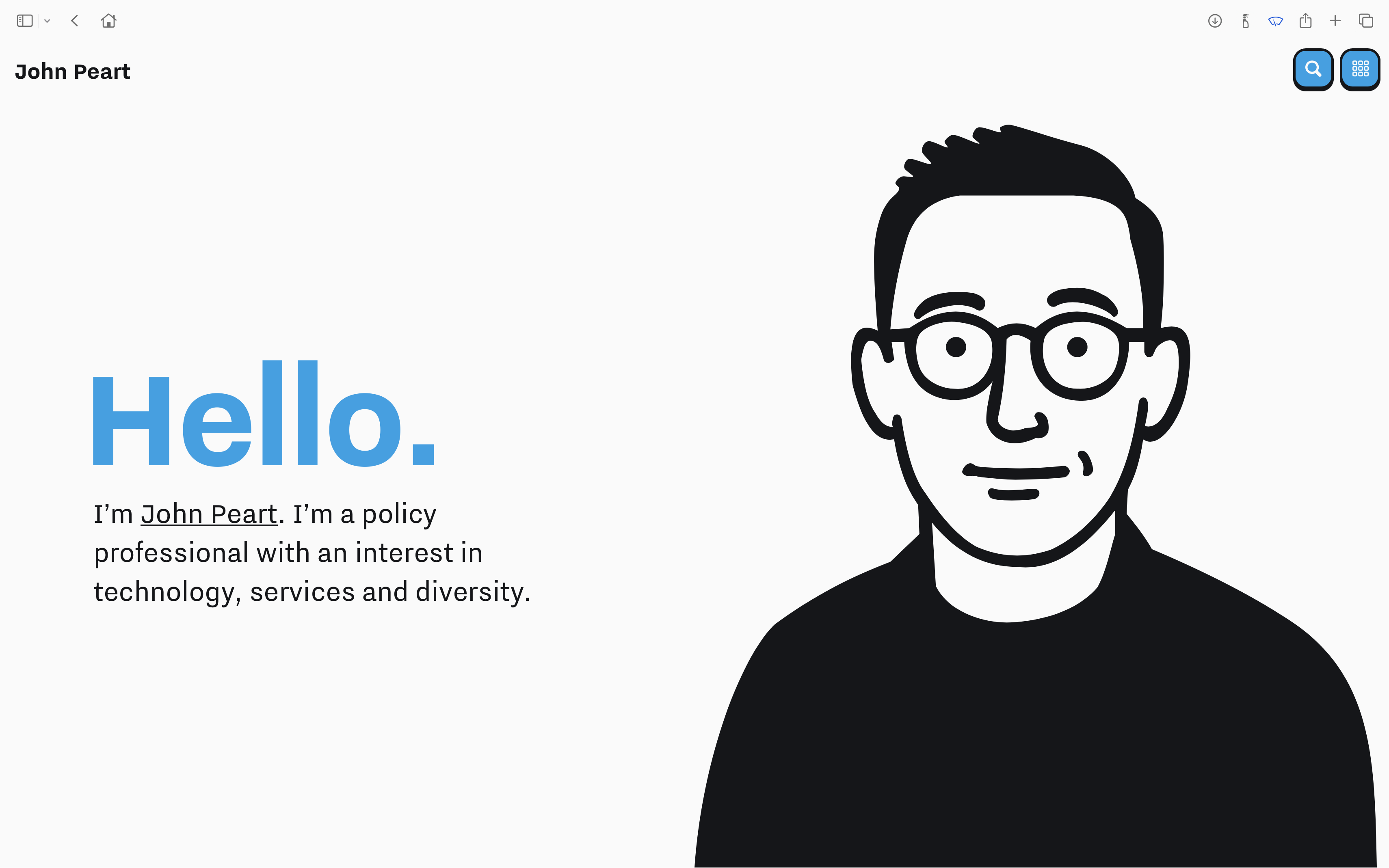 My website homepage inside a desktop web browser window. The main visual is a black and white cartoon sketch of John Peart.