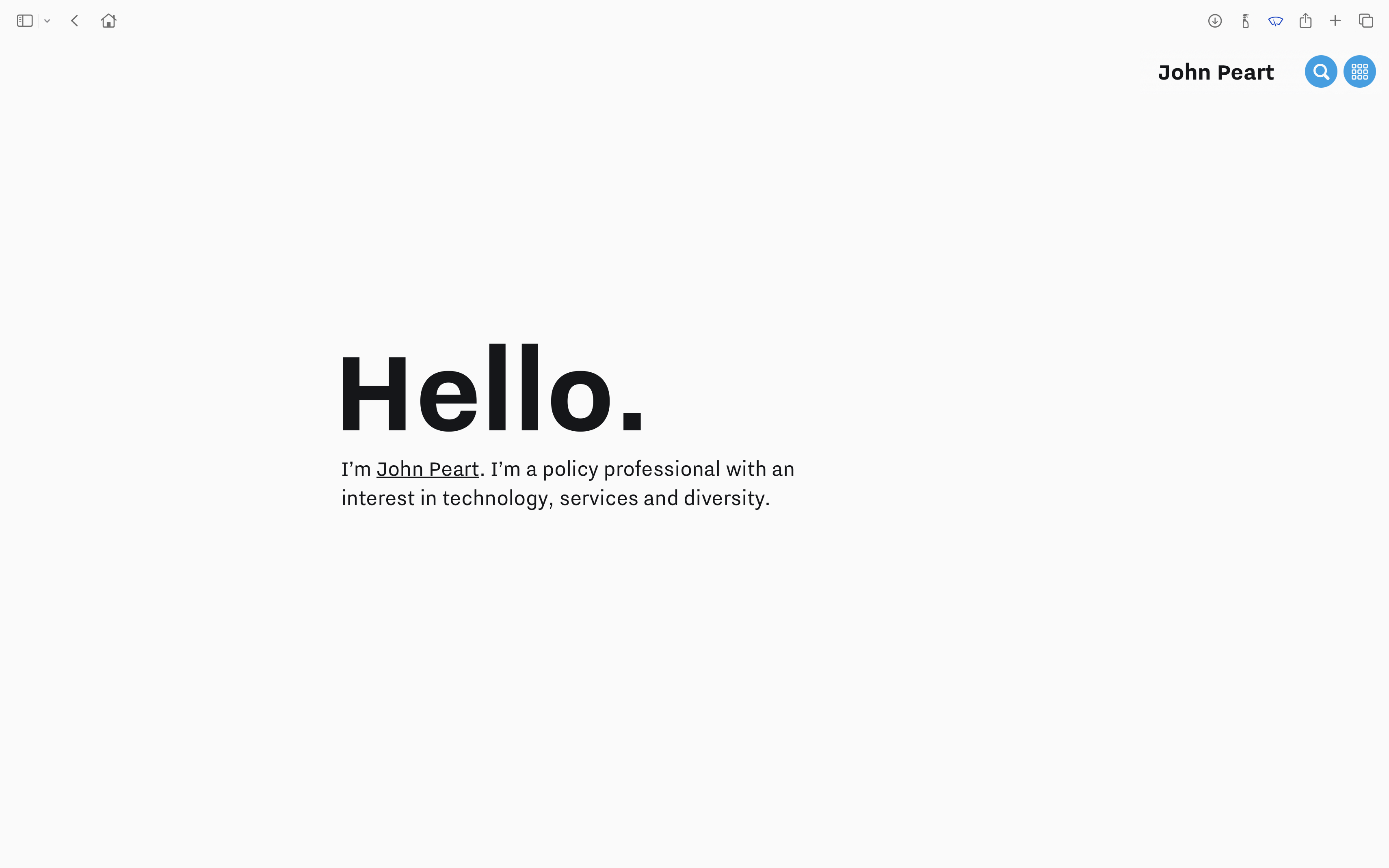 My website homepage inside a desktop web browser window. The page is white, with black text that reads “Hello. I'm John Peart. I’m a policy professional with an interest in technology, services and diversity.” The text is large and centered in the page.