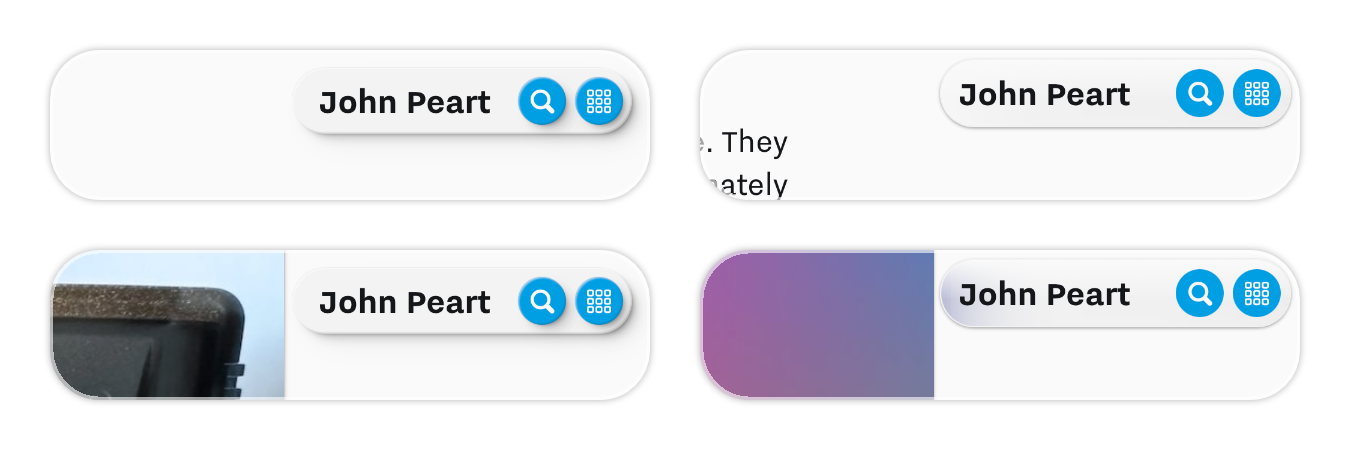 Two cropped screenshots of my menu bar on desktop. On the left, the menu bar shows a drop shadow. On the right, the glass has a subtler shadow, but also diffuses the surrounding colours below the menu bar.
