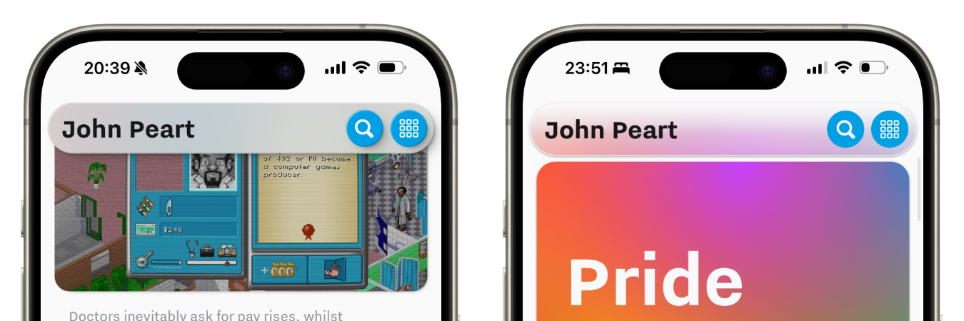 Two cropped screenshots of my menu bar on mobile. On the left, the menu bar shows a drop shadow and diffused colours – but only when the menu hovers over the background image. On the right, the glass has a subtler shadow, but also diffuses the surrounding colours from objects below the boundary of menu bar.