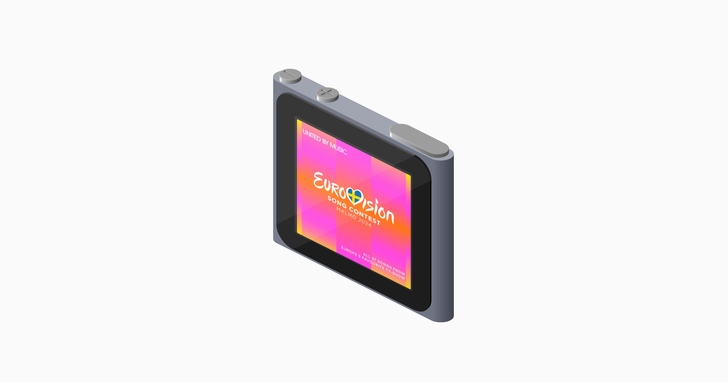 A screenshot of a representation of an iPod nano in isometric perspective with cover art for the 2024 album for the Eurovision Song Contest
