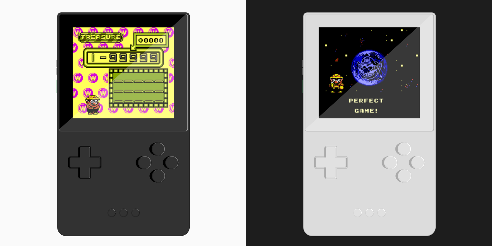 A side-by-side comparison of two SVG, Game Boy-like consols. One is off-white, the other is dark gray.