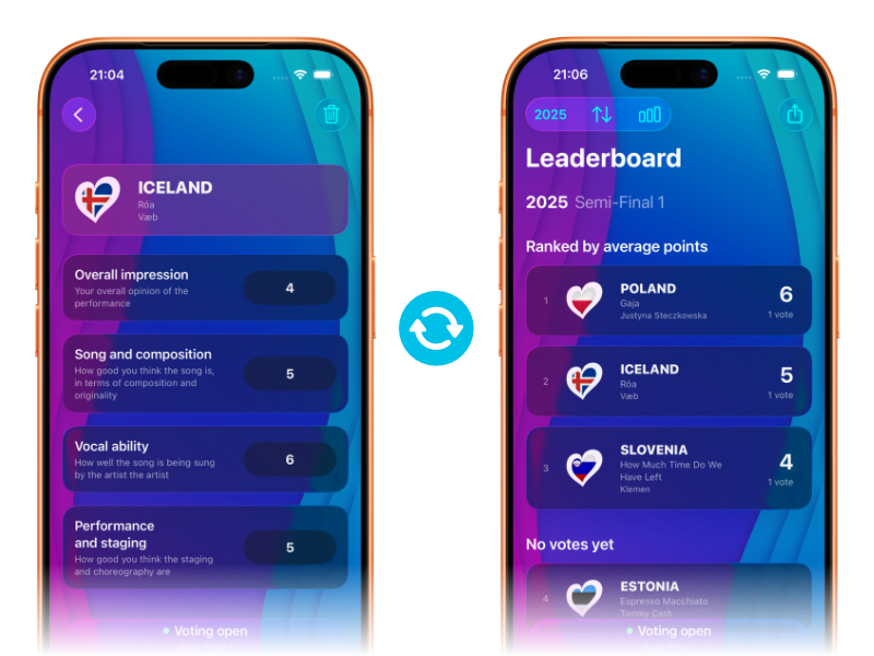 The voting screen and the leaderboard screen in the app