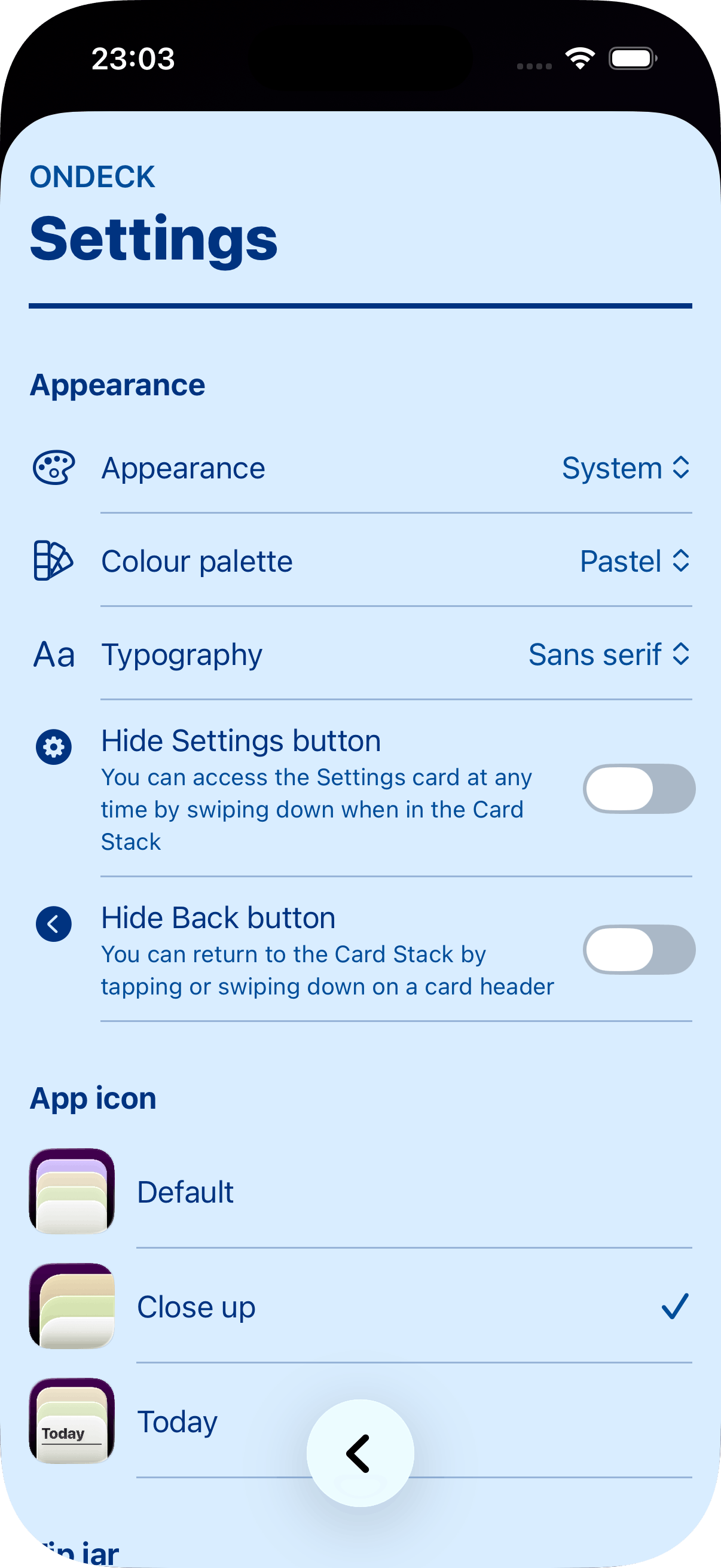The Settings card