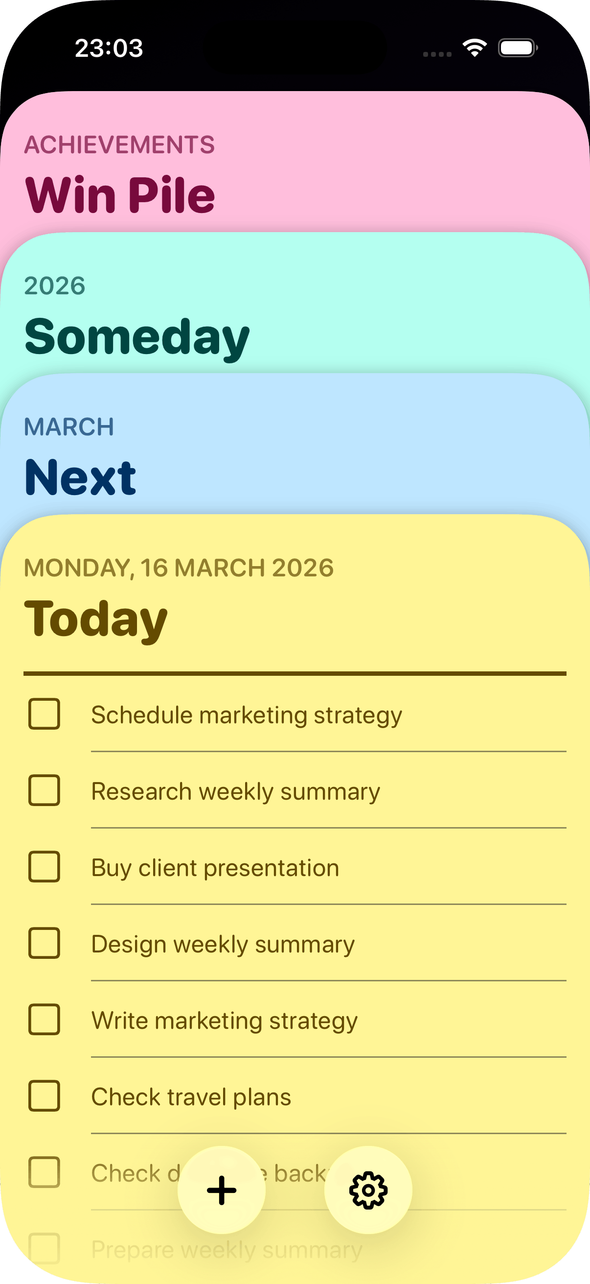 The card deck in Sticky Note colours with rounded fonts