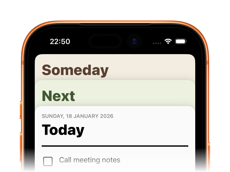 The card deck, showing the Now, Next, Someday card headers