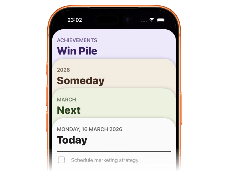 The card deck, showing the Now, Next, Someday card headers