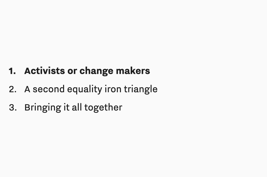 Text: 1. Activists or change makers. 2. A second equality iron triangle. 3. Bringing it all together. Item 1 is in bold.