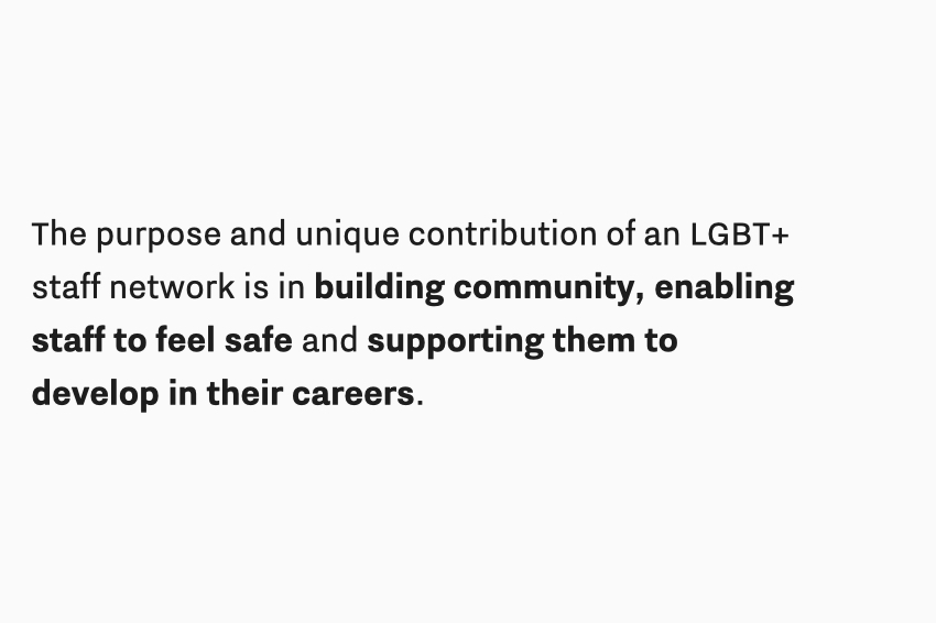 Text: The purpose and unique contribution of an LGBT+ staff network is in building community, enabling staff to feel safe and supporting them to develop in their careers.